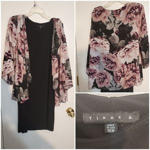 Plus size black dress with sheer floral jacket